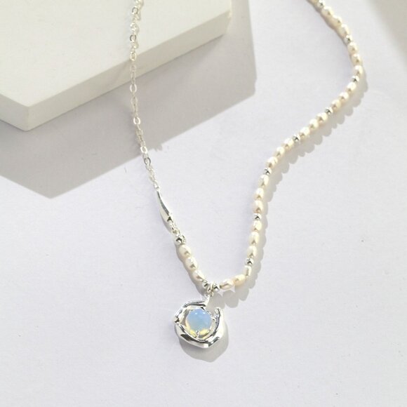Handmade Jewelry - ✨ Artisan Original Design Opal & Pearl Asymmetrical Necklace | Sterling Silver
